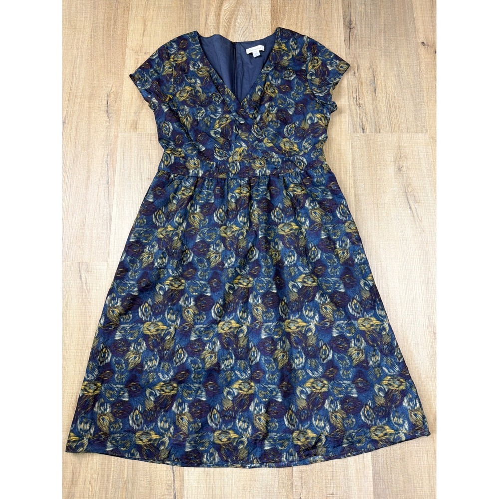 Garnet Hill Womens Blue Gold Abstract Ikat Cotton V-Neck A-Line Day Dress Size 6